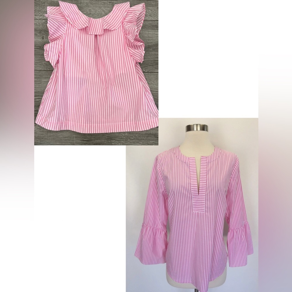 J.Crew Mommy & Me TWO Pink Striped Tops bell-sleeve Blouse + Ruffle Sleeveless
